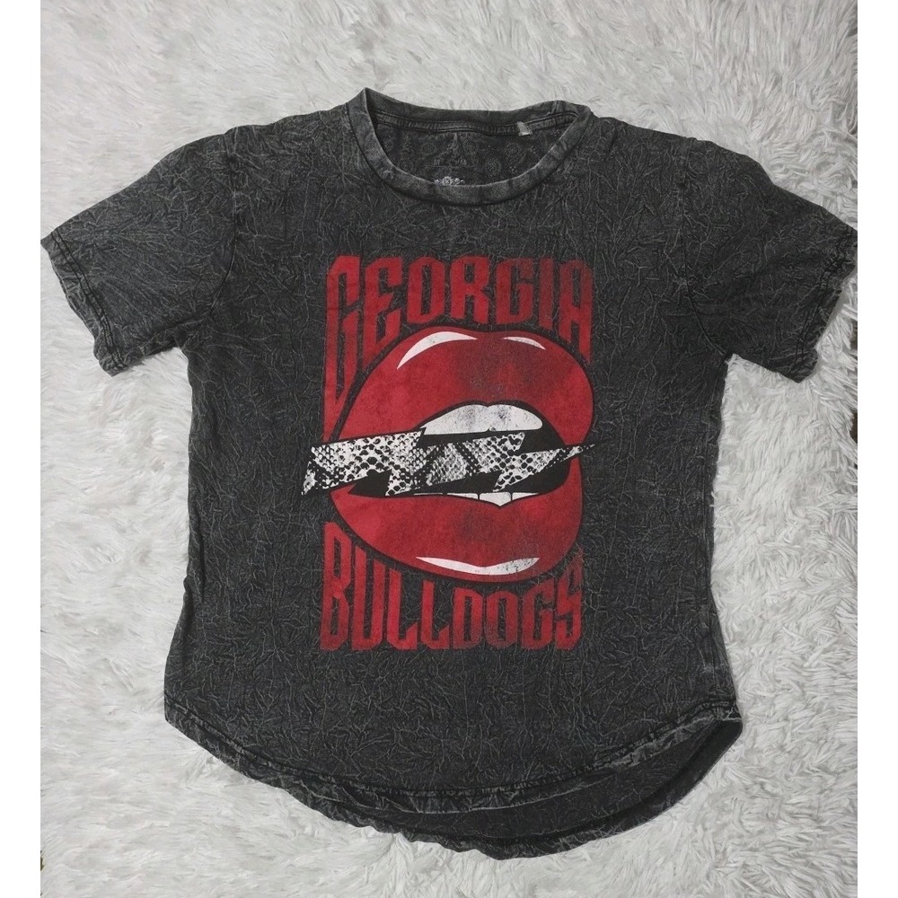 Three Square UGA Bulldogs Red Lips Short Sleeve‎ T-Shirt Blackwash Womens Medium